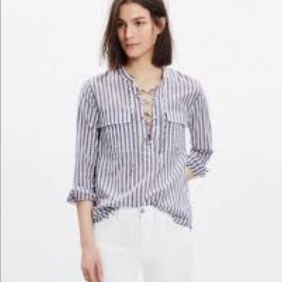 Madewell Striped Summer Pull Over Lace Up Neck - Picture 8 of 8